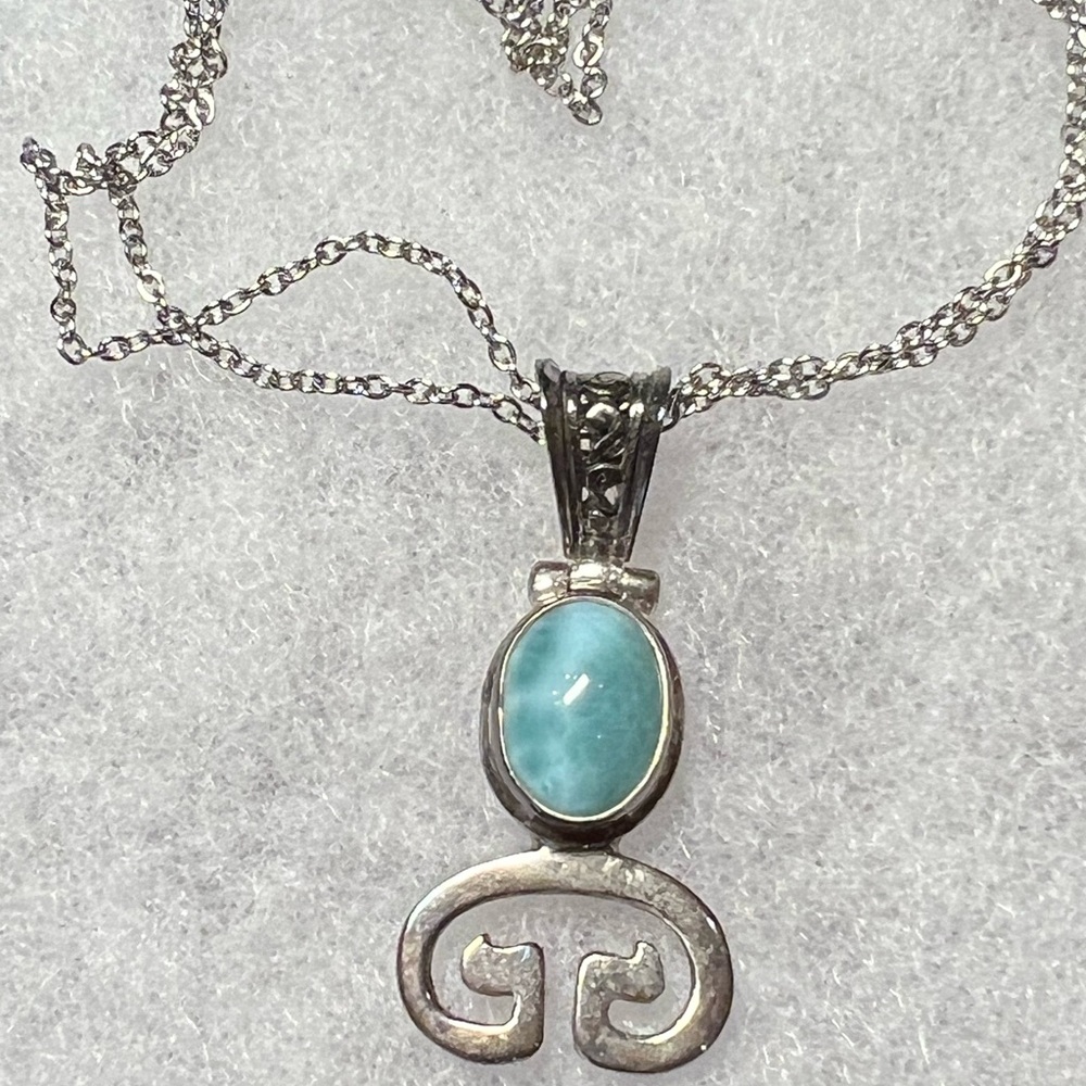 Elegant Genuine Larimar Sterling Silver Pendant Necklace 24-25”